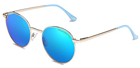 CLANDESTINE - Gafas de Sol Unisex - Modelo Orbita - Color Dorado - Cristal de Nylon Polarizado en Color Azul con Filtro HD - Montura de Acero - Protección UV 400-144 x 51 mm