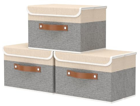 OUTBROS Aufbewahrungsboxe mit Deckel, 38 x 25 x 25 cm, Faltbare Stoffboxen,Aufbewahrungskörbe,kleiderschrank Organizer,Regalkörbe,Beige/Grau,3 Stück,ST02BGS3