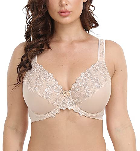 Ayigedu Women's Full Coverage Plus Size Minimizer Bra Floral Lace Non-Padded Underwire Everyday Bra Beige