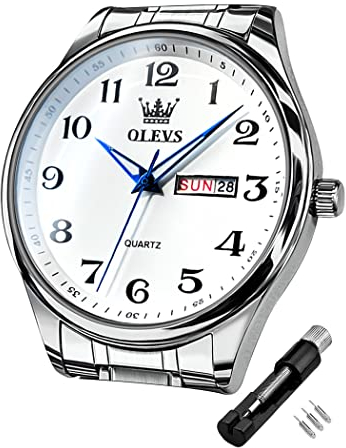 OLEVS Herrenuhren Leicht zu lesen Armbanduhr mit Silber Edelstahlband wasserdichte Kalender