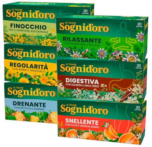 Sognid'oro Tisana Finocchio + Rilassante con Passiflora Melissa + Regolarità con Senna Tarassaco + Digestiva con Liquirizia Anice Verde + Drenante con Betulla Ananas + Snellente con Fucus Arancia