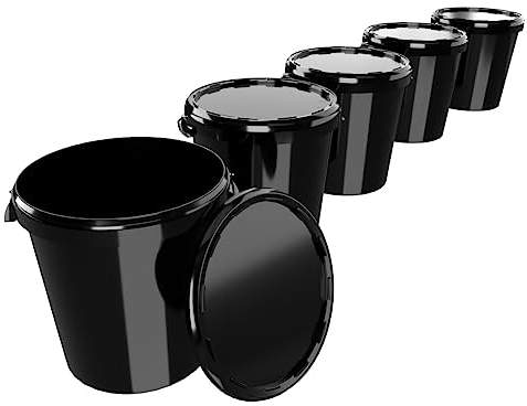 FIXEDBYU Lot de 5 seaux avec couvercle de 30 l - Fabriqué en Allemagne - Stable, hermétique, seau de stockage pour aliments, bureau, chambre d'enfant, ménage, atelier et gastronomie - Noir