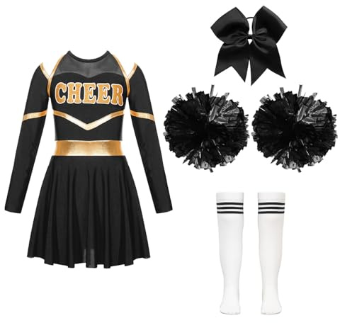 dPois Enfant Fille Uniforme de Pom-Pom Girls avec Pompons Déguisement Halloween Costume Carnaval Robe de Danse Gym Sport Cheerleading 5-16 Ans D Blanc et Noir 13-14 ans