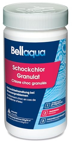 Bellaqua Chlore Choc Piscine 1kg – Traitement Choc Puissant – Granulés de Chlore Choc Rapide pour Piscine – Désinfection Immédiate Eau Trouble ou Verte
