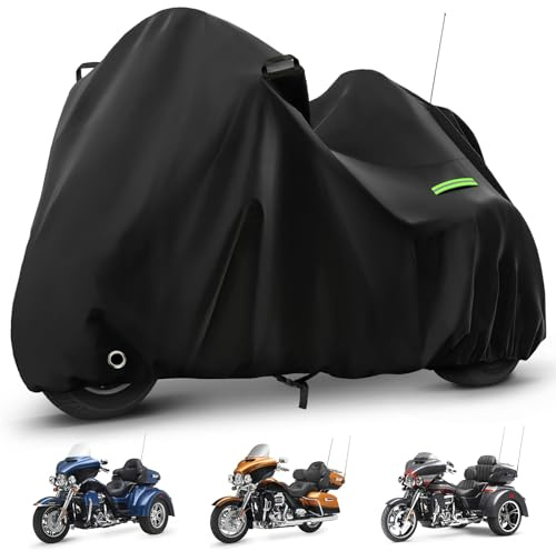 Motorcycle Cover Waterproof for Trike Models Freewheeler/CVO Version/Tri Glide Ultra/Gold Wing Trike, Heavy Duty Sun Rain Outdoor Protection Motorbike Cover with Antenna Zipper & Soft Cotton Lining