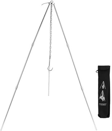 BAYORE Colgador de cocina de camping con bolsa de almacenamiento para colgar trípode de camping para picnic al aire libre, juego de trípode de cocina ajustable para fogata