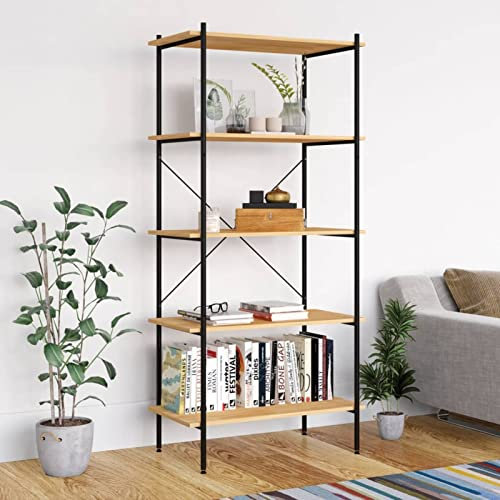 ShGaxin Hylla med 5 nivåer, bokhylla, bokhylla, bokhylla, trapphylla, hyllor för ungdomsrum, möbelhyllor, svart och ek 80 x 40 x 163 cm