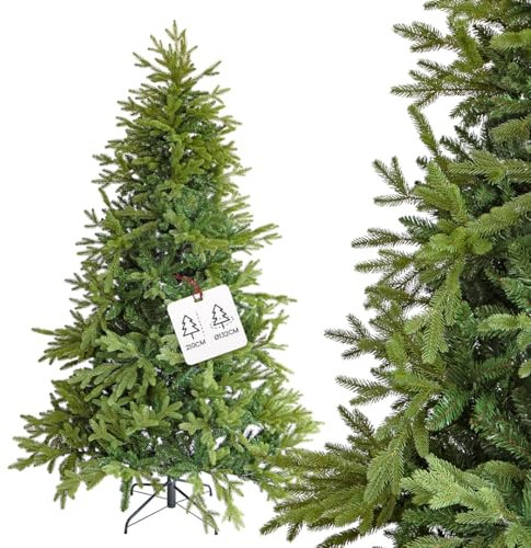 Albero di Natale Extra Folto e Realistico, Naturale in PVC di Alta Qualità, Facile da Montare con Base Stabile, 1372 Rami Fitti per Decorazioni Natalizie di Grande Impatto, 210 cm