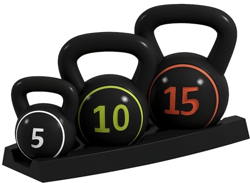 SPORTNOW Lot de 3 Kettlebells, 2,2, 4,5 et 6,8 kg, sports fitness training, grip antidérapant, avec plateau de rangement, noir