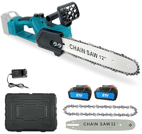 12 Pouces Tronçonneuse Électrique sans Fil, Tronçonneuse à Batterie 1500 W avec 2 Batteries 10000mAh, 1 Chaînes, Huileur Automatique, 10m/s, Tronçonneuse électrique pour le jardinage, l'élagage