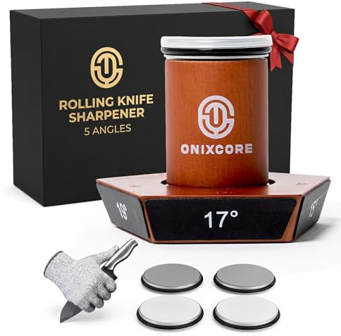 Rolling Knife Sharpener Kit, 5-Angle Magnetic Knife Sharpener Roller with 4 Diamond & Ceramic Discs, Gloves Included, Manual Guided Knife Sharpening Kit for Kitchen, Japanese, Pocket & Hunting Knives