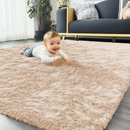 Homaxy Hochflor Flauschig Teppich Anti-Rutsch Unterseite Waschbar Groß Teppiche fürs Wohnzimmer, Kinderzimmer, Schlafzimmer - 160 x 220 cm, Beige