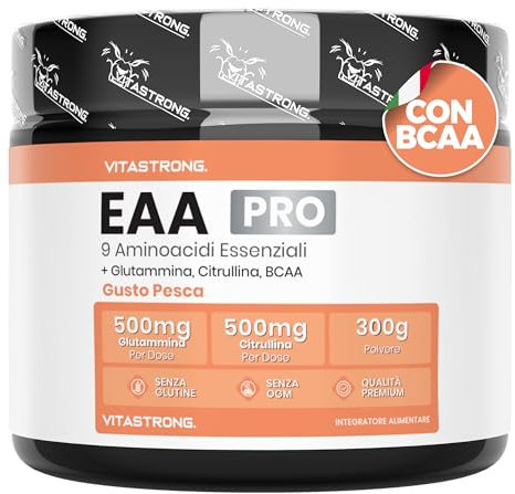 Aminoacidi Essenziali EAA PRO Vitastrong, 9 EAA Aminoacidi Essenziali Polvere 300g, BCAA Amminoacidi Ramificati, Glutammina, L Citrullina, L-Tirosina, L Lisina, L Triptofano, Metionina, Gusto Pesca