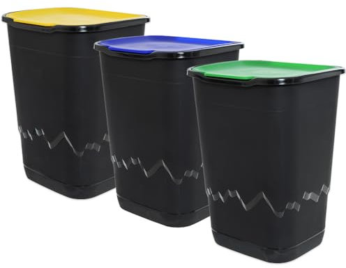 BuyStar Tris di Pattumiere per Raccolta Differenziata 50 lt per Riciclaggio Organizzato - Cestini, Bidoni, da Interno, da Esterno, Robusto, Anti odore - Diversi Colori