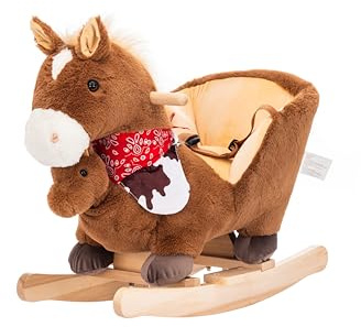 NINODOVAE Kids Rocking Horse horse, Animal Wooden Rocker for kid 12-36 months, with hand puppet for play (Brown)