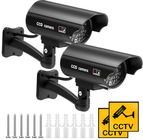 muhogxio 2 Piezas Camara Falsa,Camara Falsa Vigilancia Exterior con LED Rojo Parpadeante,Imitación Realista de CCTV,con 2Pcs Señales de Advertencia para Interior y Exterior