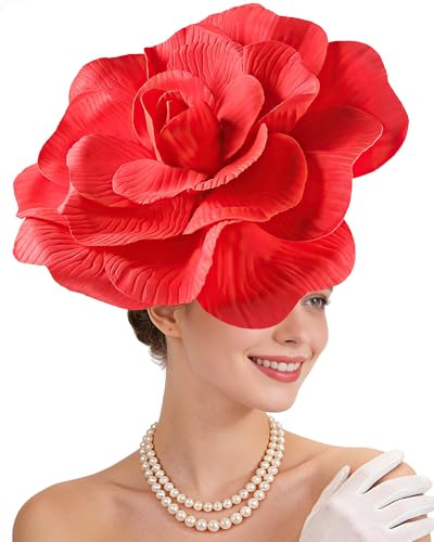 Zinniday Large Flower Fascinators for Women - 2026 Red Rose Floral Headwear Cocktail Prom Headpiece 1920s 50s Tea Party Hat for Woman Girls Kentucky Event Party Halloween Renaissance Dress Up