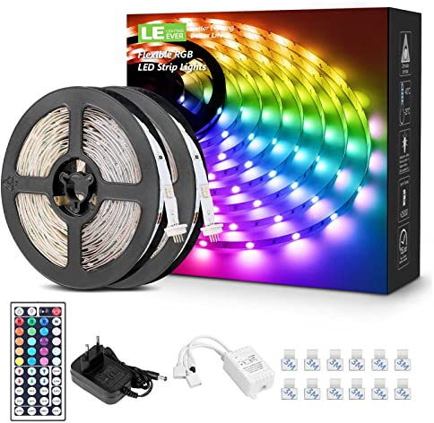 LE LED Strip Lichtband,10m (2x5m) RGB LED Streifen Band, 5050 SMD LED stripes, LED Lichterkette mit 44 Tasten Fernbedienung, verstellbare Helligkeiten RGB Farbwechsel Strip für Haus, Weihnachten, TV