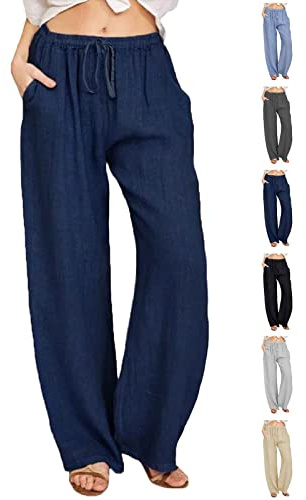 CheChury Pantalon Lin Femme Été Décontractés Pantalons Mode Coton Chanvre Confortable Jogging Plage Rétro Pants Taille Elastique Pantalon avec Poches,Bleu Marine,XL