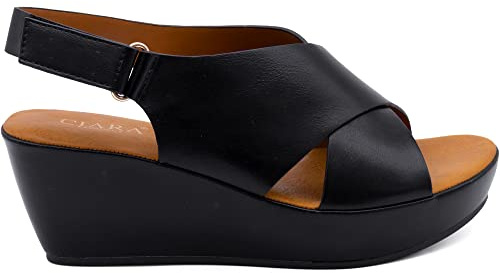 CIARA LONDON Sandali da donna con tacco a zeppa, punta aperta, chiusura con velcro, estivi e casual, Nero , 38 EU