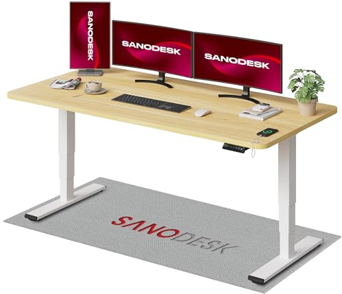 SANODESK EC4 Bureau Assis Debout(180x80cm), Bureau Réglable en Hauteur avec 2 Moteurs Puissants, Table Électrique avec Commande à mémoire et 3 Colonnes(Cadre Blanc+Plateau Érable)