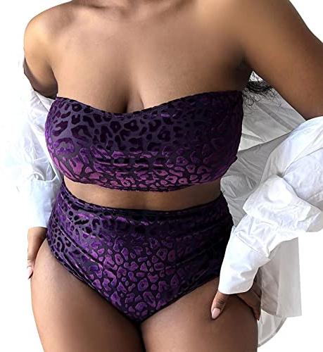 Bikini sans Bretelles pour Femmes Maillot de Bain Sexy Grande Taille pour Femmes Maillot de Bain Velours Solide léopard Bandeau Taille Haute Bikini Maillot de Bain Maillot De Bain Manches