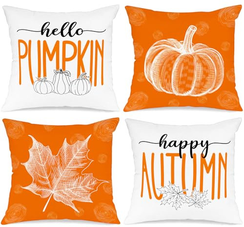 Benjia Lot de 4 pièces Housses de Coussin Déco Automne 45x45cm, Citrouille Feuille d'érable Taies d'oreiller pour Ferme Thanksgiving Halloween Literie Orange 45 x 45 cm