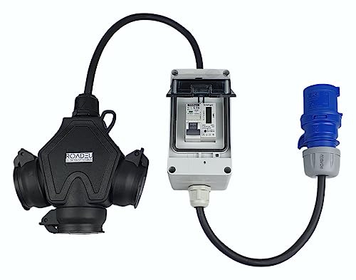 RoadEu - Adaptador para Camping-Car - 16A 3P, 3X enchufes Schuko 230V. Alargador portátil 1m con Contador de Electricidad. IIdeal para Camping y Autocaravana, Barco y Obra, Zona de Barbacoa y jardín.