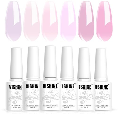 Vishine Gel Polish Set Jelly Pink Collection of 6 Transparent Natural Colors Sheer Pink Milky Mauve Purple French Manicure LED UV Gel Nail Polish Soak Off Curing Requires Home Salon 8ml