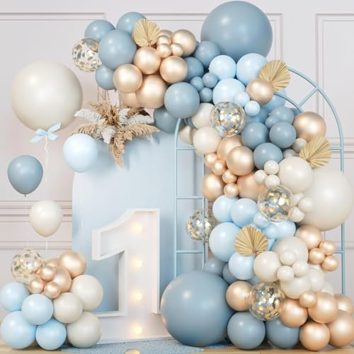 Kit de arco de globo azul polvorento, 115 piezas de arco de globos blancos arena azul claro con confeti dorado metálico beige para niños, cumpleaños, bohemio, baby shower, suministros de