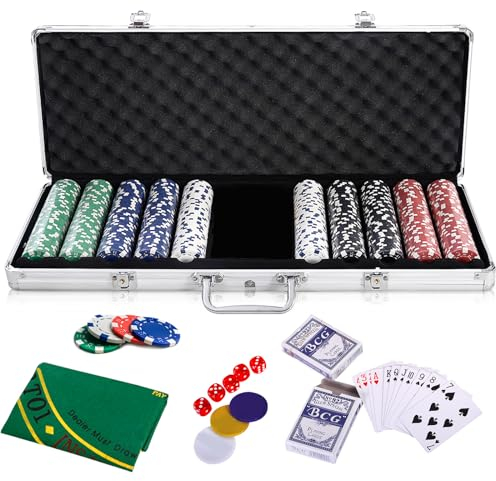 HOMASIS Pokerset mit 500 Chips, Poker Koffer mit 2 Kartendecks, 5 Würfel, Kasino-Matte, 3 Dealer Button, abschließbar Pokerkoffer Profi aus Alu, Komplettes Poker Set Pokerkarten für Partys (Silver)