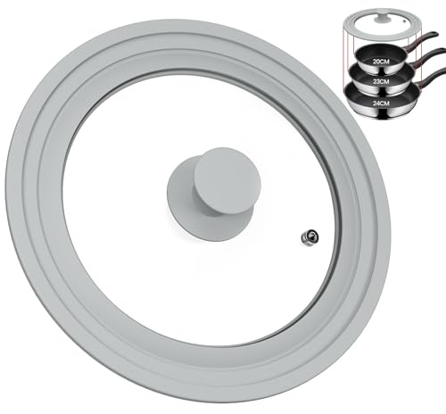 TOPULORS Universal Lid for Pots, Pans, and Skillets - Tempered Glass Lid with Silicone Rim Fits 8, 9, 9.5 Inner Diameter Cookware Frying Pan Cover Replacement Lid - Dishwasher Safe, Grey