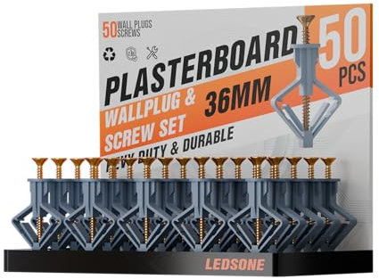 LEDSone 50 PCS Plasterboard Wall Plugs and Screws Plasterboard Fixings Dry Wall Fittings Heavy Duty Anti-Rotational Expansion Tube Plasterboard Anchor Screws for TV Wall Brackets Hollow