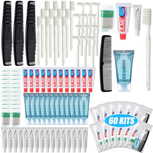 Ziliny Juego de 60 artículos de aseo de viaje a granel, kit de aseo básico a granel, tamaño de viaje, kit de higiene personal para personas sin hogar, suministros de paquete de cuidado para personas