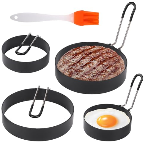 VMUTGA Stampo per Pancake, Stampo per Uova Fritte in 4 Pezzi, con Manici Pieghevoli e Pennello per Olio, Stampo per Uova Fritte per Cucinare Uova Fritte/Pancake/Omelette e Altro Ancora