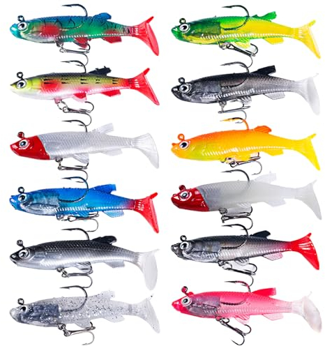 Set mit 12 Angelködern + Box, Gummifisch, 12 g, Barsch, Forelle, Zander, Geschenk für Männer, Kunstköder mit Drillingen