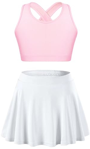 Agoky 2 Pezzi Tuta Sportiva da Ginnastica per Bambina Ragazza Top Canotta Sportiva senza Manica Gonna a Pieghe Completo Sportivo Gonna da Tennis Golf Allenamento Rosa&Bianco 7-8 anni