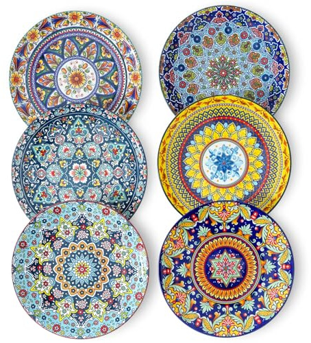 glowworm Salad Plates Set of 6, 8.5 Inch Ceramic Dinner Plates, Colorful Bohemian Dessert Plates Set for Kitchen, Restaurant, Housewarming Gift, Microwave, Oven and Dishwasher Safe