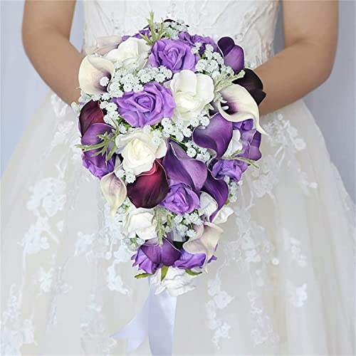 Brud som håller blommor, bröllopsdekoration, konstgjord blombukett, konstgjorda blommor, heminredning, lila höst konstgjord Calla Lily Brudbukett, kasta bukett for bröllopskyrkoceremoni