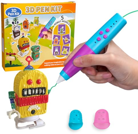 Kretrum Penna 3D per bambini, a bassa temperatura, kit di penne per stampa 3D con stencil robot, protezioni per le dita, filamento PCL da 1,75 mm, ecc. Penna 3D, miglior regalo di compleanno per
