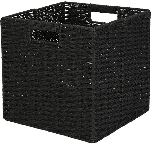 Cesto intrecciato a mano Sea Team 28x26x28cm in rattan, erba naturale e salice, organizzatore per la casa, lavanderia, coperte, stile rustico con manici robusti, nero