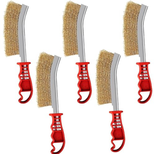 VEOIRXU 5 Piezas Cepillo de Alambre de Latón, Cepillo de latón para barbacoa, Cepillo de latón con Mangos Curvados de Plástico, Para la Limpiar Escoria de Óxido y Residuos de Parrilla