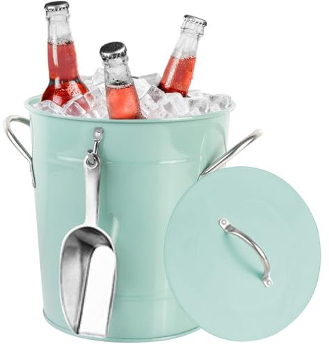 Secchiello per il ghiaccio da 4 litri, con paletta e coperchio, in ferro zincato con manico, doppio strato, isolato, ideale per bar di vino e champagne, verde