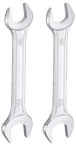 QUARKZMAN 2Pcs Clé à Fourche Double 14mm x 15mm Clé Plate à Angle Décalé | 15 Degrés, Métrique, Petite Clé Plate Galvanisée, pour Réparation Automobile Assemblage de Meubles