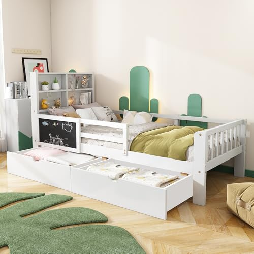 Kinderbett Einzelbett 90x200, Holzbett mit Schubladen und Tafel, Kopfteil mit Bücherregal, Bettgestell mit Lattenrost & Rausfallschutz, Jugendbett, Funktionsbett mit Stauraum, ohne Matratze, Weiß