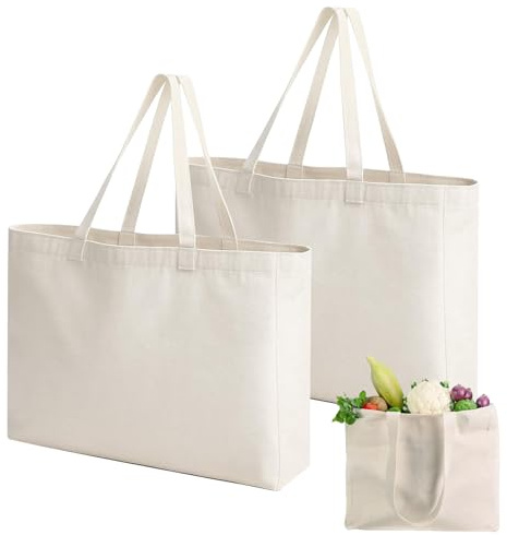 dogmoon Baumwolltasche, 2 Stück Groß Einkaufstasche, Baumwollbeutel Stoffbeutel, Jutebeutel, Stoffbeutel Unbedruckt, Wiederverwendbare Jutebeutel für Wäsche Sport Shopping(Beige, 45x35x8cm)