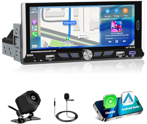 Motorsi Single Din 2+64G med trådlös CarPlay och Android Auto, 6,9 Android-bilradio med GPS-navigering, wifi, bluetooth, pekskärm, spegellänk, FM/RDS, SWC, AUX