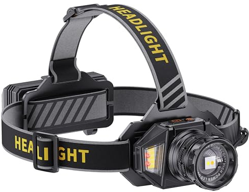 Led head torch rechargeable, 100000 LM Super Bright headtorch with 12 Modes & 30 Hrs+ Runtime & Motion & Zoomable & IPX7 Waterproof, Adjustable Red & Warm Light Headlight for Running, Camping, Fishing