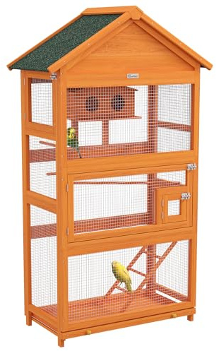 PawHut Voliera per Uccelli a 3 Porte con Casetta, Scaletta e Vassoio Estraibile, Gabbietta per Uccelli in Legno di Abete e Metallo, 92x52x171 cm, Arancione e Verde