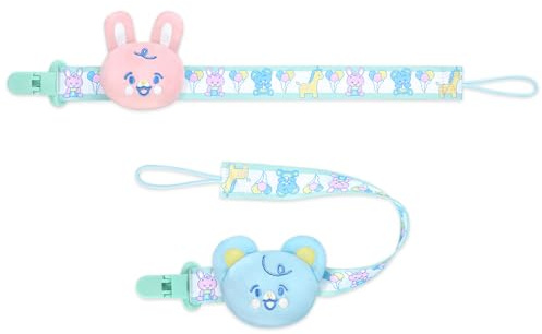 LittleForBig Set med 2 sugklämmor för vuxna Baby Parade med plyschdjurstillbehör - rosa kanin och blå björn